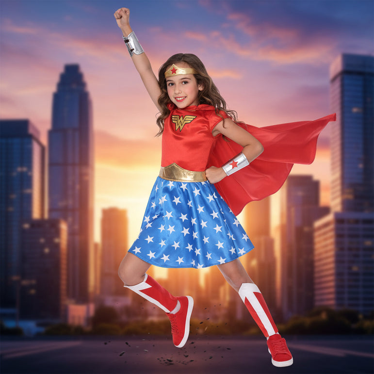 Child wearing a Wonder Woman costume with a red top, blue skirt with star pattern, and cape on a white background.