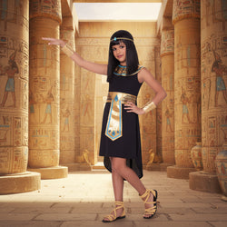 Child wearing an Egyptian costume with a black dress and gold accents on a white background