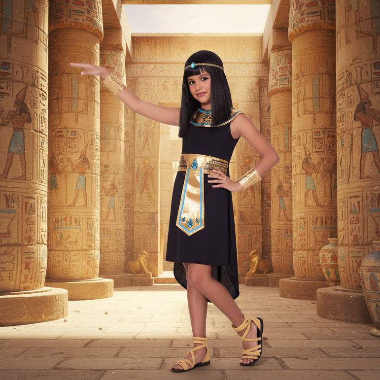 Child wearing an Egyptian costume with a black dress and gold accents on a white background
