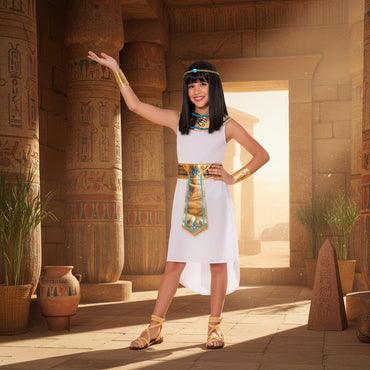 Child wearing an Egyptian costume with a white dress, gold accents, and a black wig on a white background.