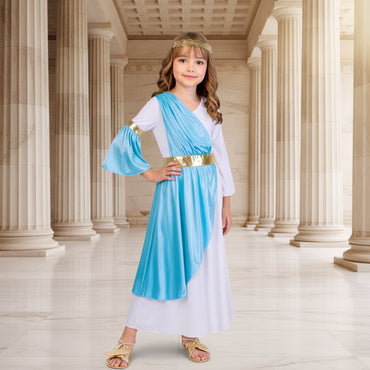 Child wearing a blue and white costume with a gold belt on a white background