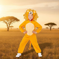 Child wearing a yellow lion costume on a white background