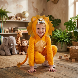 Child in a lion costume sitting on a wooden floor with toys and plants in the background