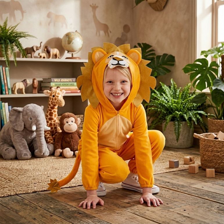 Child in a lion costume sitting on a wooden floor with toys and plants in the background
