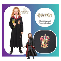 Child wearing Gryffindor robe costume with wand and book, Harry Potter licensed product graphic.