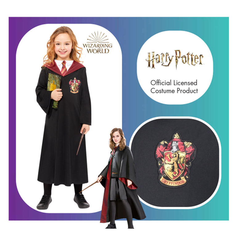 Child wearing Gryffindor robe costume with wand and book, Harry Potter licensed product graphic.