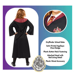 Back view of child wearing Gryffindor robe costume with red-lined hood and feature details graphic