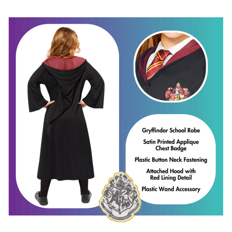 Back view of child wearing Gryffindor robe costume with red-lined hood and feature details graphic