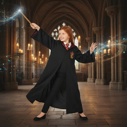 Child in a Harry Potter costume holding a wand on a white background
