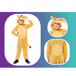 Child wearing a lion costume with close-up insets on a colorful background