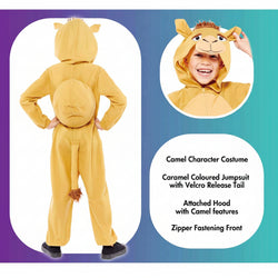 Camel costume with attached hood and velcro release tail, shown from front and back, on a blue and purple gradient background.