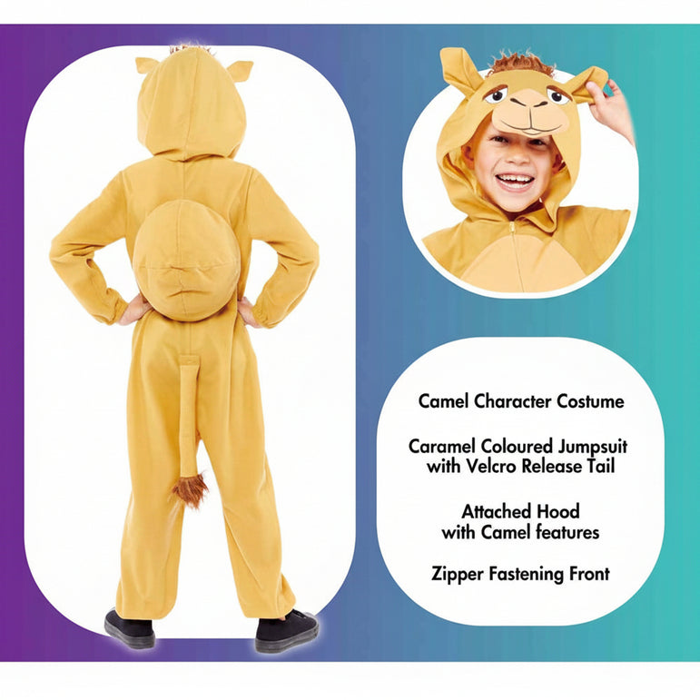 Camel costume with attached hood and velcro release tail, shown from front and back, on a blue and purple gradient background.
