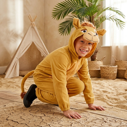 Child in a lion costume playing on a sandy floor with a teepee and plants in the background.