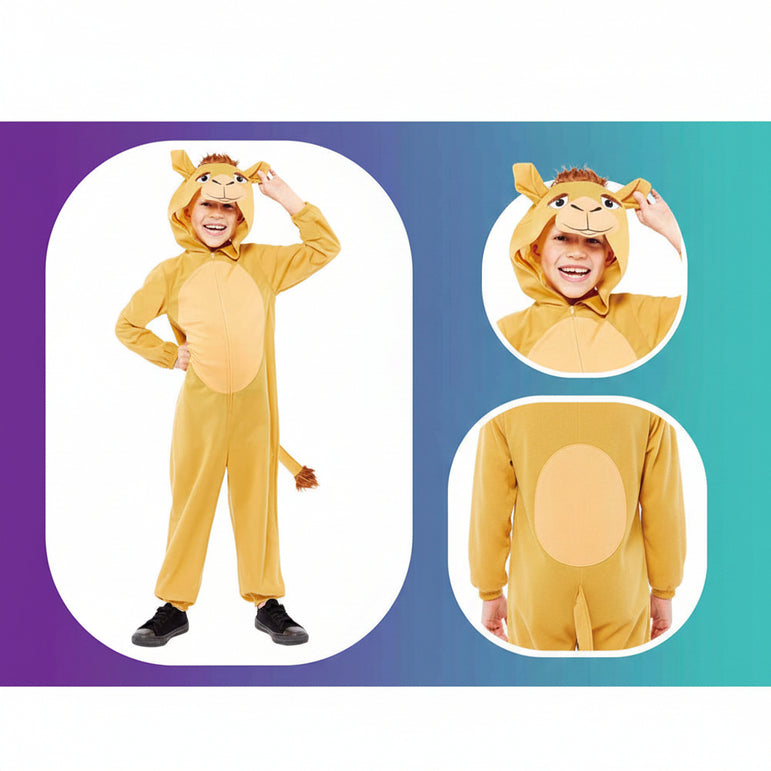 Child wearing a lion costume with close-up insets on a colorful background