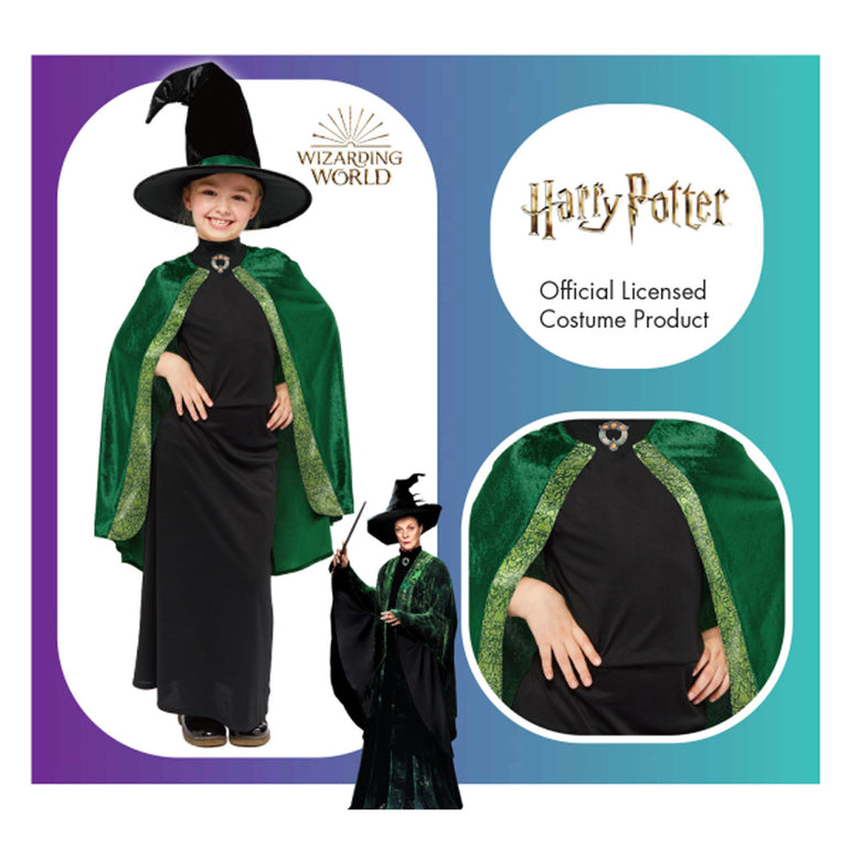 Child wearing Professor McGonagall costume with green cape and witch hat, Harry Potter licensed product.