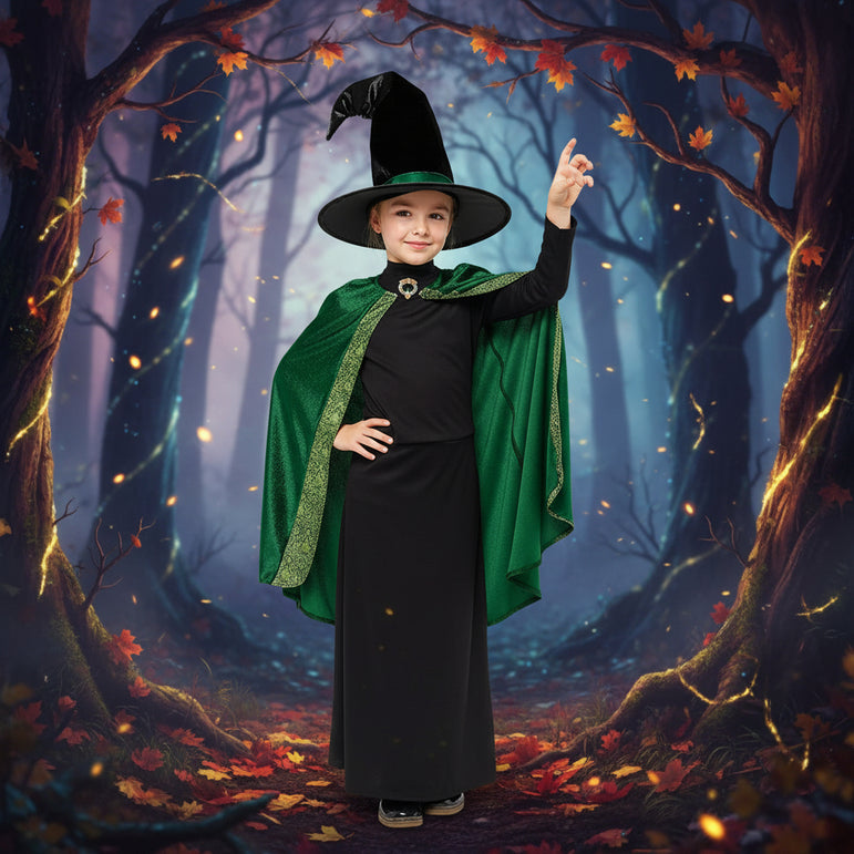 Child wearing a green witch costume with a black hat on a white background