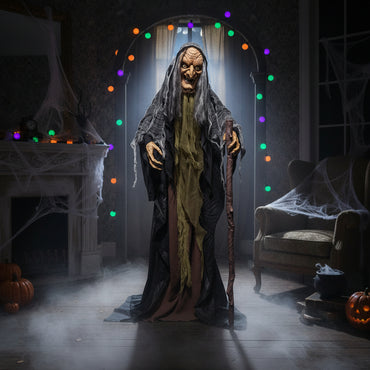 Halloween Animatronic Standing Witch with Cane Decoration