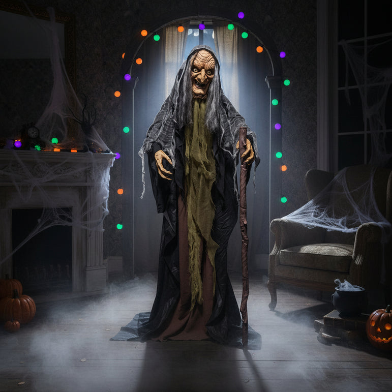 Halloween Animatronic Standing Witch with Cane Decoration