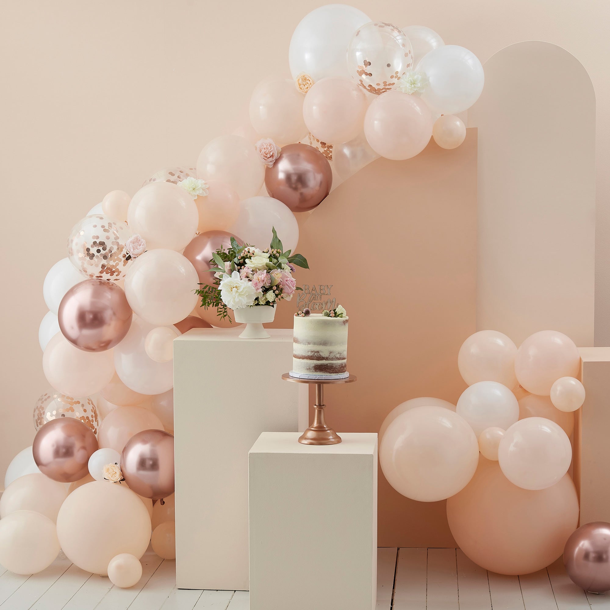 Baby in Bloom Peach, White & Rose Gold Balloon Arch