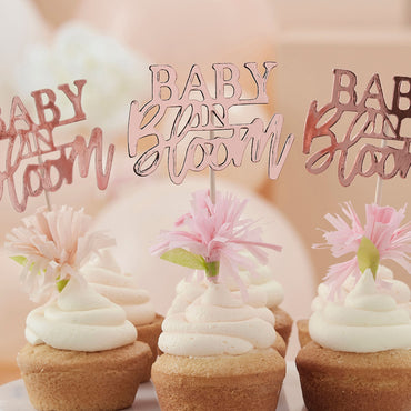 Baby in Bloom Rose Gold Floral Baby Shower Cupcake Toppers 12pcs