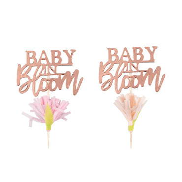 Baby in Bloom Rose Gold Floral Baby Shower Cupcake Toppers 12pcs