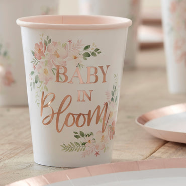 Baby in Bloom Rose Gold Floral Baby Shower Cups 8pcs