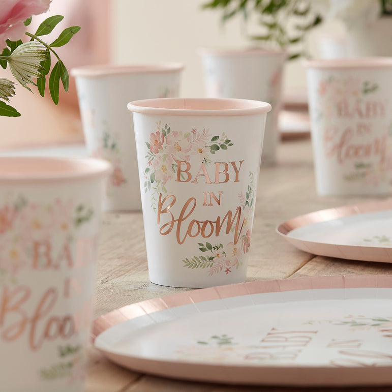 Baby in Bloom Rose Gold Floral Baby Shower Cups 8pcs