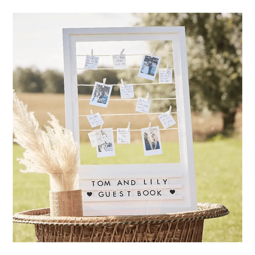 Botanical Wedding White Wooden Peg and String Book Frame with Letters Board