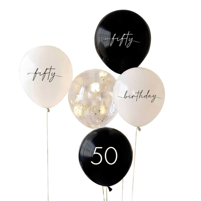 50th Birthday Golden Age Latex Balloons 5pcs