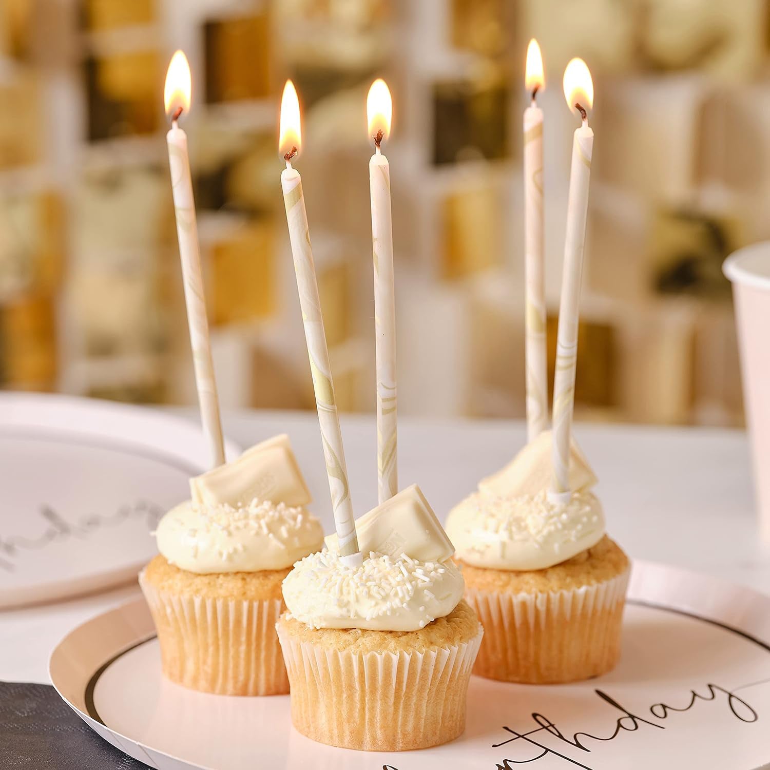 Nude and Champagne Gold Tall Marble Birthday Cake Candles