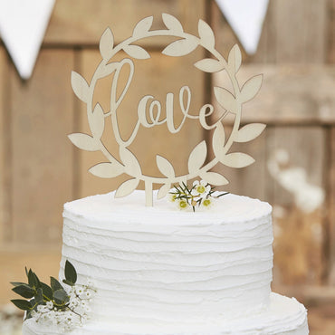 Botanical Wedding Cake Topper Wooden Love