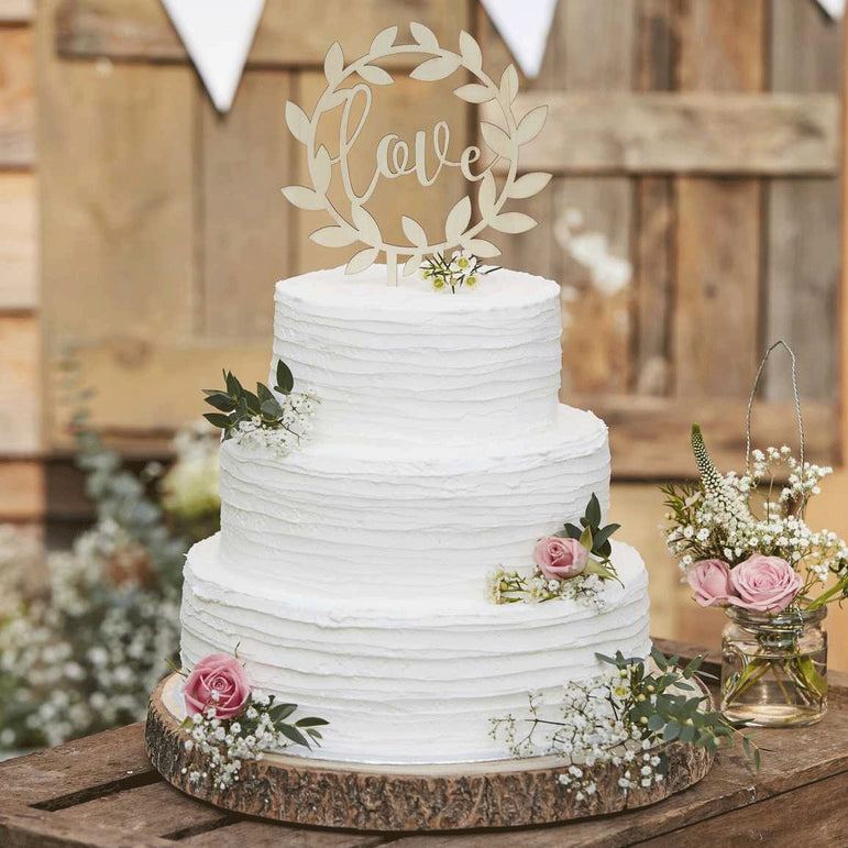 Botanical Wedding Cake Topper Wooden Love