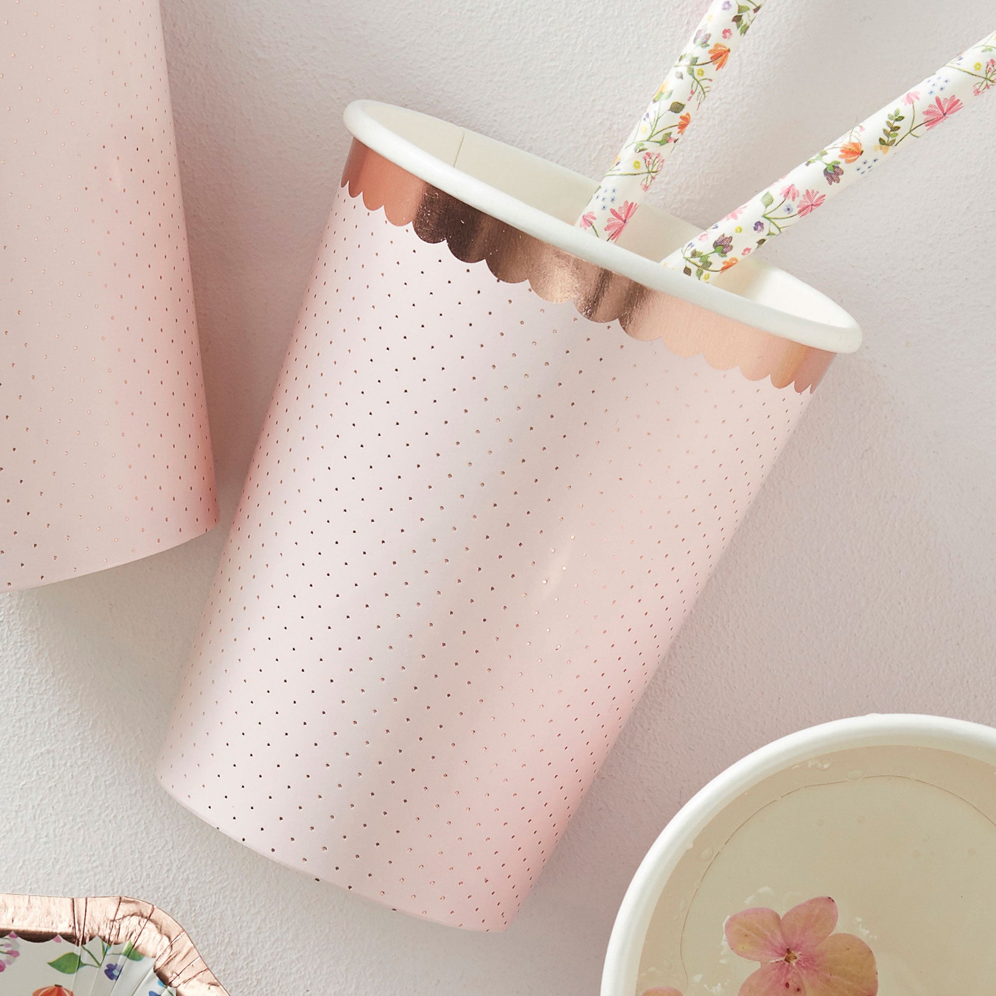 Ditsy Floral Rose Gold Spotty Paper Cups