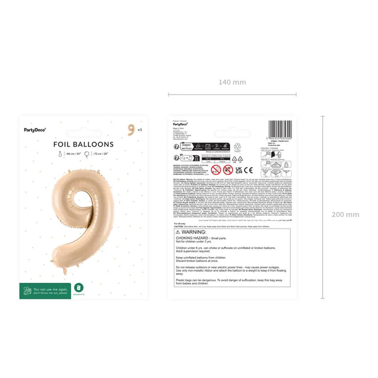 Beige Number 9 Foil Balloon 28x34in