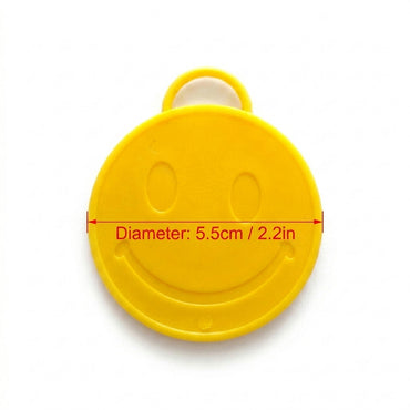 Yellow smiley face key ring tag with a red dimension overlay indicating a diameter of 5.5cm (2.2in) on a white background.