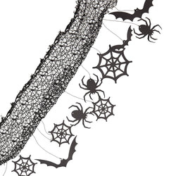 Halloween Backdrop with Hanging Spiders, Bats and Cobwebs