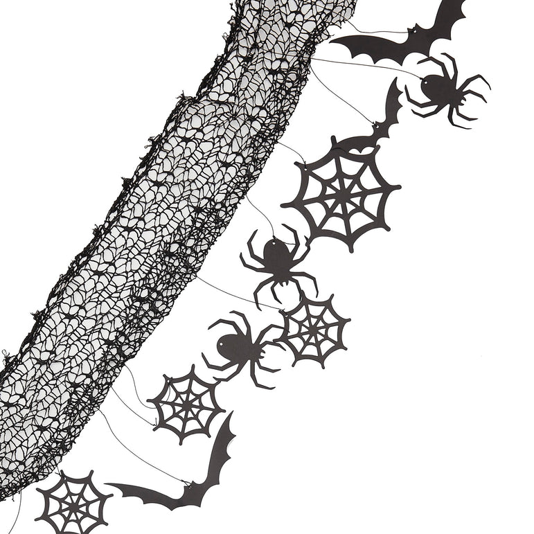 Halloween Backdrop with Hanging Spiders, Bats and Cobwebs