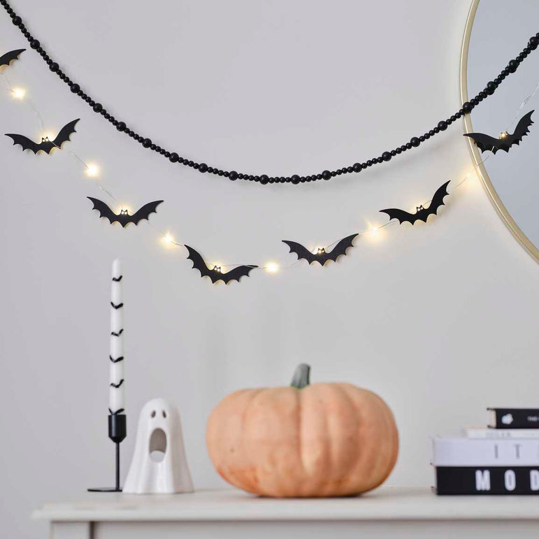Halloween Black Bat Wooden Bunting with Light Up Eyes