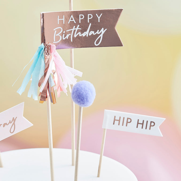 Mix It Up Pom Pom Happy Birthday Cake Toppers