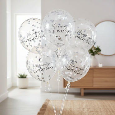 Silver Merry Christmas Confetti Balloons 12in 5pcs