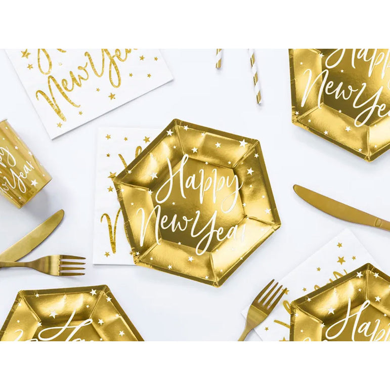 Happy New Year Gold Paper Plates 6pcs