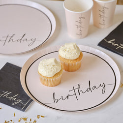 Champagne Noir Nude and Black Happy Birthday Paper Party Plates
