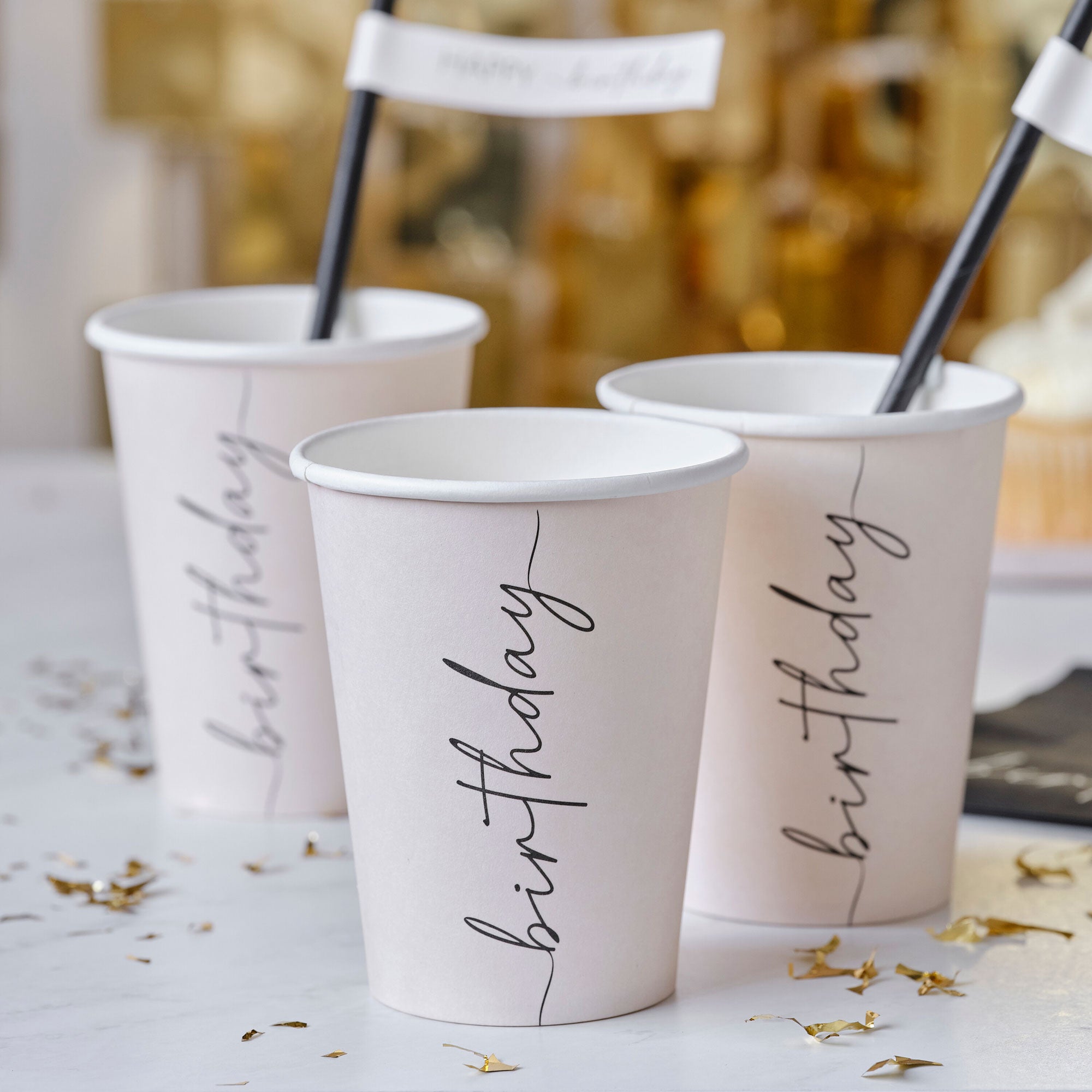 Champagne Noir Nude and Black Happy Birthday Paper Party Cups
