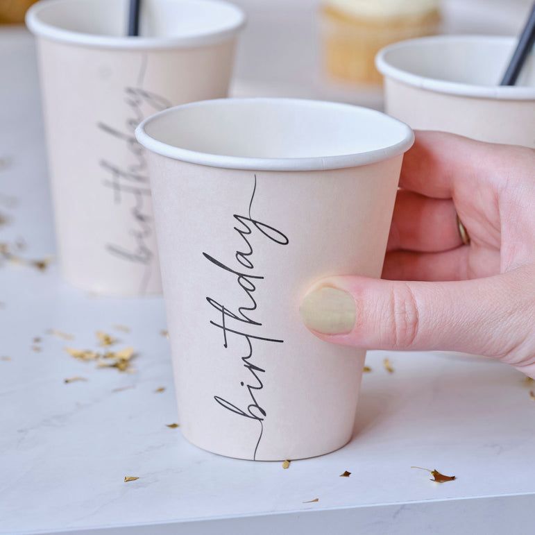 Champagne Noir Nude and Black Happy Birthday Paper Party Cups