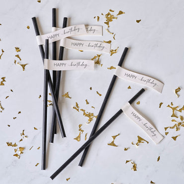Champagne Noir Nude and Black Happy Birthday Paper Straws