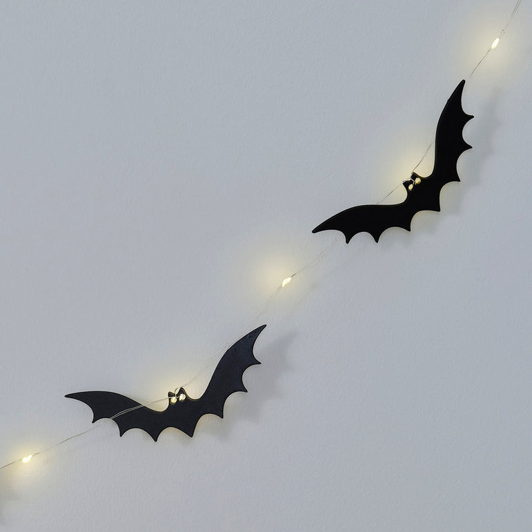Halloween Black Bat Wooden Bunting with Light Up Eyes