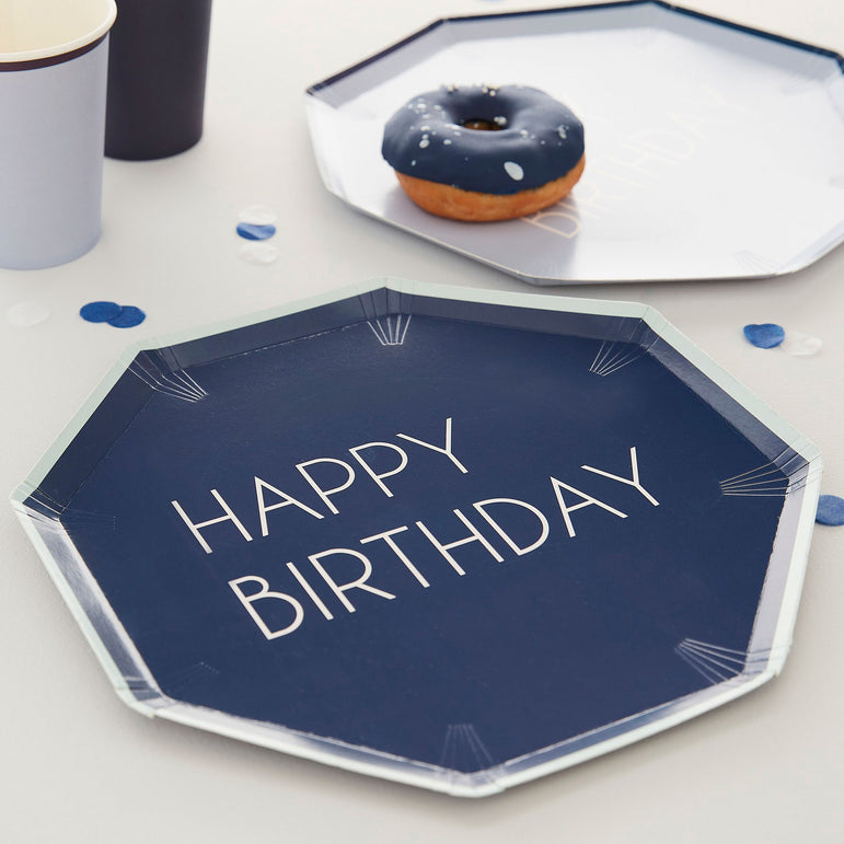 Navy & Blue Happy Birthday Eco Paper Plates Mixed Pack 8pcs