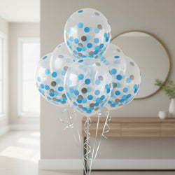 Blue & Silver Latex Balloons With Confetti 12in, 6pcs Balloons & Streamers - Party Centre
