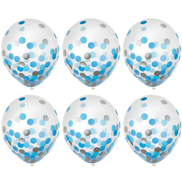 Blue & Silver Latex Balloons With Confetti 12in, 6pcs Balloons & Streamers - Party Centre