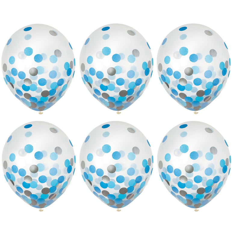Blue & Silver Latex Balloons With Confetti 12in, 6pcs Balloons & Streamers - Party Centre